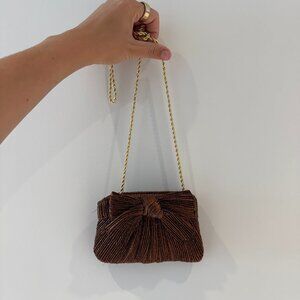 Loeffler Randall Rayne Mocha Bow Clutch with Gold Chain NWOT